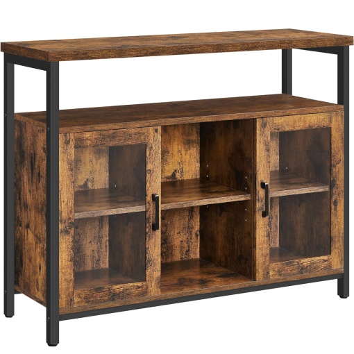 VASAGLE Comoda tip bufet, cu 2 usi cu sticla, rafuri reglabile, stil industrial, 100x35x80cm, maro rustic