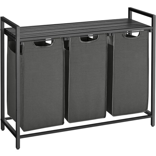 VASAGLE Cos de rufe, 3 compartimente, saci de rufe detasabili, raft, cadru metalic, 3x38L, 93x33x72 cm, negru