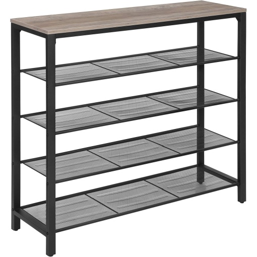 VASAGLE Raft de pantofi metalic, cu 4 nivele plus polita superioara, stil industrial, 100x30x93cm, gri si negru