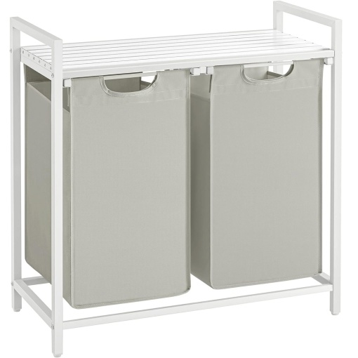 VASAGLE Cos de rufe, 2 compartimente, saci de rufe detasabili, raft, cadru metalic, 2x46L, 73x33x72 cm, alb