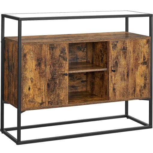 (DL) VASAGLE Comoda de depozitare tip bufet, cu polita de sticla, 6 compartimente, 2 usi, industrial, 35x100x80cm, maro rustic si negru