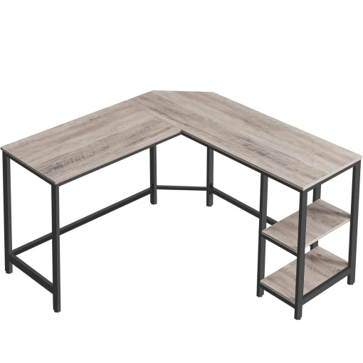 VASAGLE Birou de colt in forma de L, cu 2 rafturi de depozitare, 138x138x75cm, industrial, gri si negru