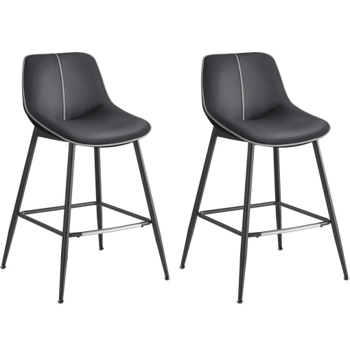 VASAGLE Set 2 scaune de bar, spatar ergonomic din piele artificiala, cadru metalic, 50x50x88 cm, negru