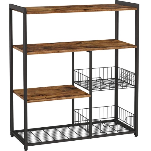 (DL) VASAGLE Raft de bucatarie, suport pentru cuptorul cu microunde, 2 cosuri de sarma, 6 carlige S, 35x80x95cm, maro rustic