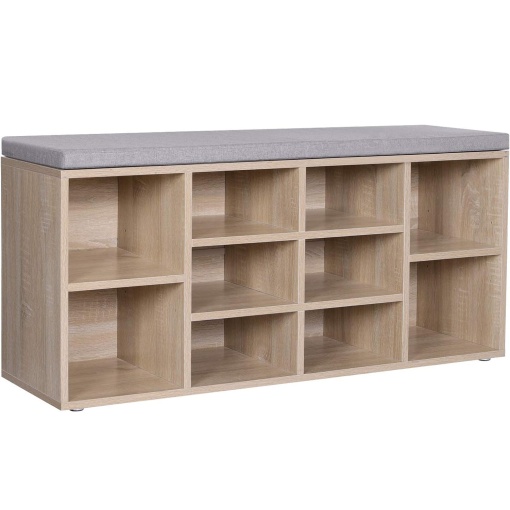 VASAGLE Banca pentru hol cu suport pentru pantofi, 10 compartimente, cu perna, 104x48x30cm, stejar