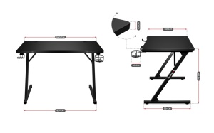 Birou pentru gaming Huzaro Hero 1.8, Suport pentru casti si pahare, Doua intrari speciale de cablu, Design dinamic, 100 x 60 cm, Negru - Img 6
