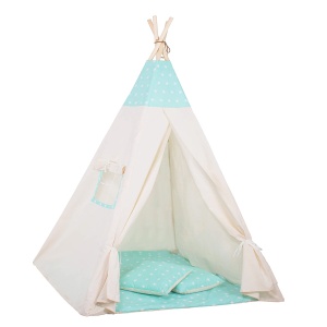 Cort copii Sersimo stil indian Teepee Tent cu fereastra, covoras gros si 2 perne, alb verde menta cu stelute - Img 1