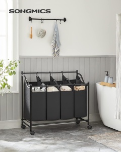 (DL) SONGMICS Cos de rufe cu 4 saci detasabili, structura metalica pe roti, 4x35L, 87x38x81cm, negru - Img 2