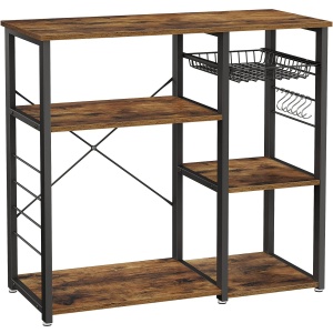 (DL) VASAGLE Raft de bucatarie, suport pentru cuptorul cu microunde, cos de sarma, 6 carlige S, 90x40x84cm, maro rustic - Img 1