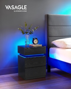 Noptiera cu iluminare LED, Vasagle, 3 sertare, 25 culori, 40 × 35 × 55 cm, negru