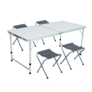 Set de camping, masă + 4 scaune - alb/gri, aluminiu - Img 1