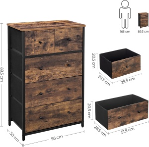 SONGMICS Comoda cu 5 sertare 56x30x89 cm, cadru metalic si blat MDF, manere lemn, maro rustic si negru - Img 3