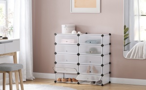 SONGMICS Dulap de depozitare pantofi modular, configurabil cu 10 compartimente, 43x31x173cm, alb - Img 3