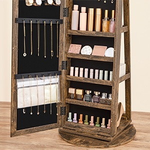 SONGMICS Oglinda de podea cu suport rotativ la 360°, cu spatiu de depozitare, 55x55x161cm, maro rustic - Img 2