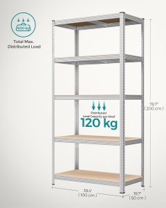 SONGMICS Raft de depozitare metalic, cu rafturi din MDF, 5 polite, max. 600 kg, 200x100x50cm, argintiu - Img 3