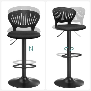SONGMICS Set 2 scaune de bar captusite, reglabile, cu spatar si suport pentru picioare, rotatie la 360, 39x42x107cm, negru - Img 3