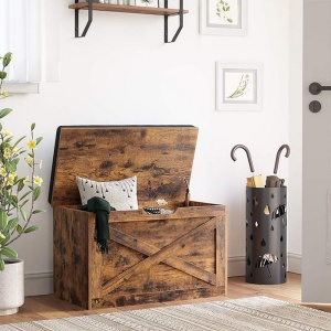 VASAGLE Banca pentru pantofi cu perna, tip cufar de depozitare, stil hambar, 76x40x48cm, maro rustic - Img 4