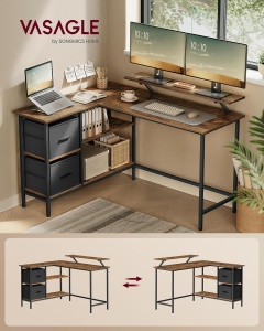 VASAGLE Birou in forma de L, suport monitor, 2 rafturi si 2 sertare, 105x135x76 cm, maro rustic - Img 3
