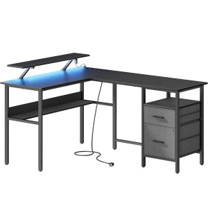 VASAGLE Birou in forma de L, suport monitor, raft si 2 sertare, 4 prize si 2 USB, 120x150x76 cm, negru - Img 1