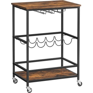 VASAGLE Carucior de servire pe roti, cu suport pentru sticle si pahare de vin, 40x60x82cm, Industrial, Vintage Maro/Negru