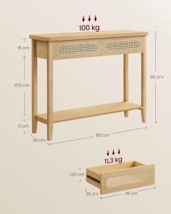 VASAGLE Consola hol 100x30x80 cm, 2 sertare, raft deschis, colturi rotunjite, stil boho, MDF si ratan PVC, bej stejar - Img 3