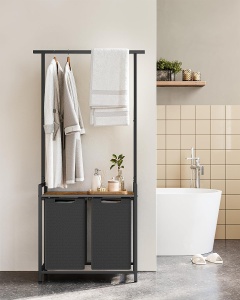 VASAGLE Cos de rufe, 2 compartimente, saci de rufe detasabili, 1 raft, tija umerase, 2x46L, 73x33x175cm, maro rustic - Img 3