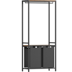 VASAGLE Cos de rufe, 2 compartimente, saci de rufe detasabili, 2 rafturi, tija umerase, 2x46L, 73x33x177cm, maro rustic - Img 1