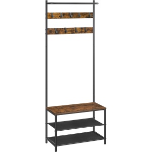 VASAGLE Cuier cu rafturi depozitare pantofi si bara suspendata, industrial, 32x64x180 cm, maro rustic si negru - Img 1