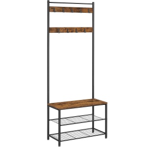 VASAGLE Cuier pentru haine cu banc de depozitare a pantofilor, cadru din otel, 32x70x177cm, industrial, maro rustic si negru - Img 1