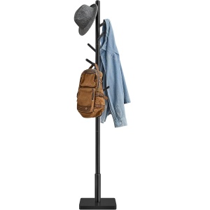 VASAGLE Cuier pentru haine, din lemn masiv, tip pom, cu 8 carlige, baza patrata, 175cm, negru - Img 1
