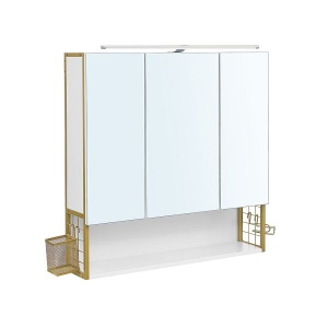 VASAGLE Dulap de baie de perete, 3 usi cu oglinda, compartiment deschis, 15x70x70 cm, alb auriu