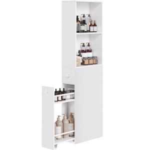 VASAGLE Dulap de depozitare pentru baie, pentru spatii inguste, cu sertare si raft reglabil, 40x18x134cm, alb