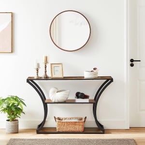 VASAGLE Masa de intrare cu picioare curbate, cadru otel si 3 polite lemn, stil industrial, 120x30x80cm, maro rustic si negru - Img 2