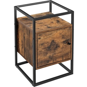 VASAGLE Noptiera cu spatiu de depozitare cu usa, blat din sticla, design industrial, 40x40x60cm, maro rustic - Img 1
