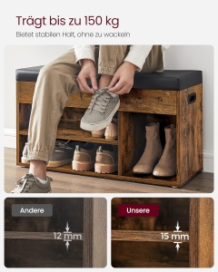 VASAGLE Pantofar cu banca, capitonata, 3 compartimente, sarcina 150 kg, 30x80x44cm, vintage, maro inchis - Img 3
