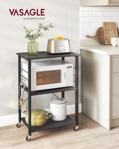 VASAGLE Raft de bucatarie pe roti, carucior de servire cu 3 rafturi, cadru metalic, 40x60x89 cm, design industrial, negru - Img 2