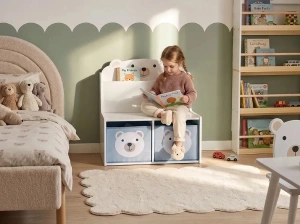Banca pentru copii cu spatiu de depozitare MIMILI, alba, MDF si material textil, cu 2 cosuri incluse - Img 2