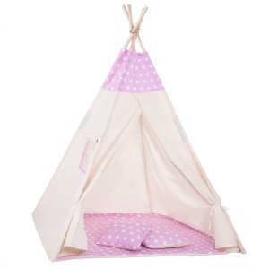 Cort copii Sersimo stil indian Teepee Tent cu fereastra, covoras gros si 2 perne, alb roz - Img 1