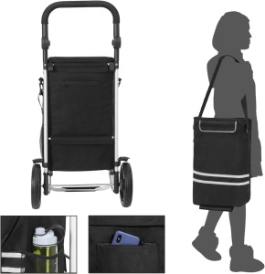 SONGMICS Carucior de cumparaturi piata, pliabil, compartiment frigorific, multifunctional, 44x35x100 cm, negru - Img 4