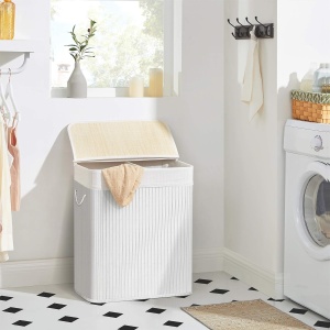 SONGMICS Cos de rufe din bambus cu capac, 2 compartimente, sac detasabil, volum 100L, 52x32x62cm, alb - Img 3