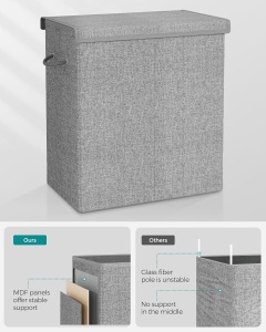 SONGMICS Cos de rufe textil, pliabil, 2 compartimente, saci detasabili, 142L, 60x36x66cm, gri - Img 4