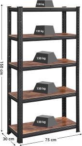 SONGMICS Raft cadru metalic modular pentru depozitare, 5 polite, 150x75x30cm, sarcina 650 kg, maro rustic - Img 3