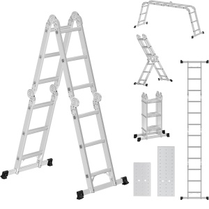 SONGMICS Scara multifunctionala din aluminiu, cu 2 placi tip platforma, 12 trepte, sarcina 150 kg, gri - Img 1