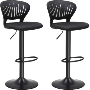 SONGMICS Set 2 scaune de bar captusite, reglabile, cu spatar si suport pentru picioare, rotatie la 360, 39x42x107cm, negru - Img 1