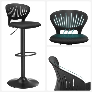 SONGMICS Set 2 scaune de bar captusite, reglabile, cu spatar si suport pentru picioare, rotatie la 360, 39x42x107cm, negru - Img 4