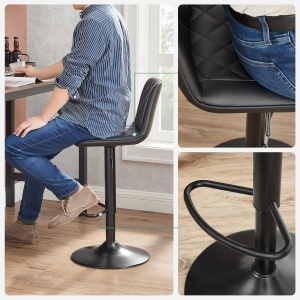 SONGMICS Set de 2 scaune de bar, cu spatar, reglabile in inaltime, tapitat cu PU, 47x51x(89-109)cm, negru - Img 2