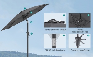 SONGMICS Umbrela de gradina, cu manivela pentru deschidere, sistem inclinare, 200cm, gri - Img 3