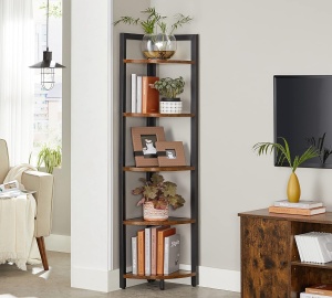 VASAGLE Biblioteca de colt cu 5 etaje, cadru metalic, 150x30x30cm, stil industrial maro rustic si negru - Img 2