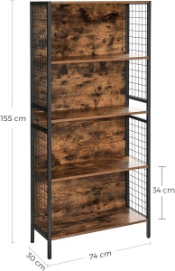 VASAGLE Biblioteca, raft cu 4 niveluri, cadru otel si polite din MDF, 74x30x155cm, maro rustic si negru - Img 4