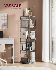 VASAGLE Biblioteca rotativa 360 grade, cadru metalic, cu 5 polite MDF, 43x43x158cm, gri - Img 2